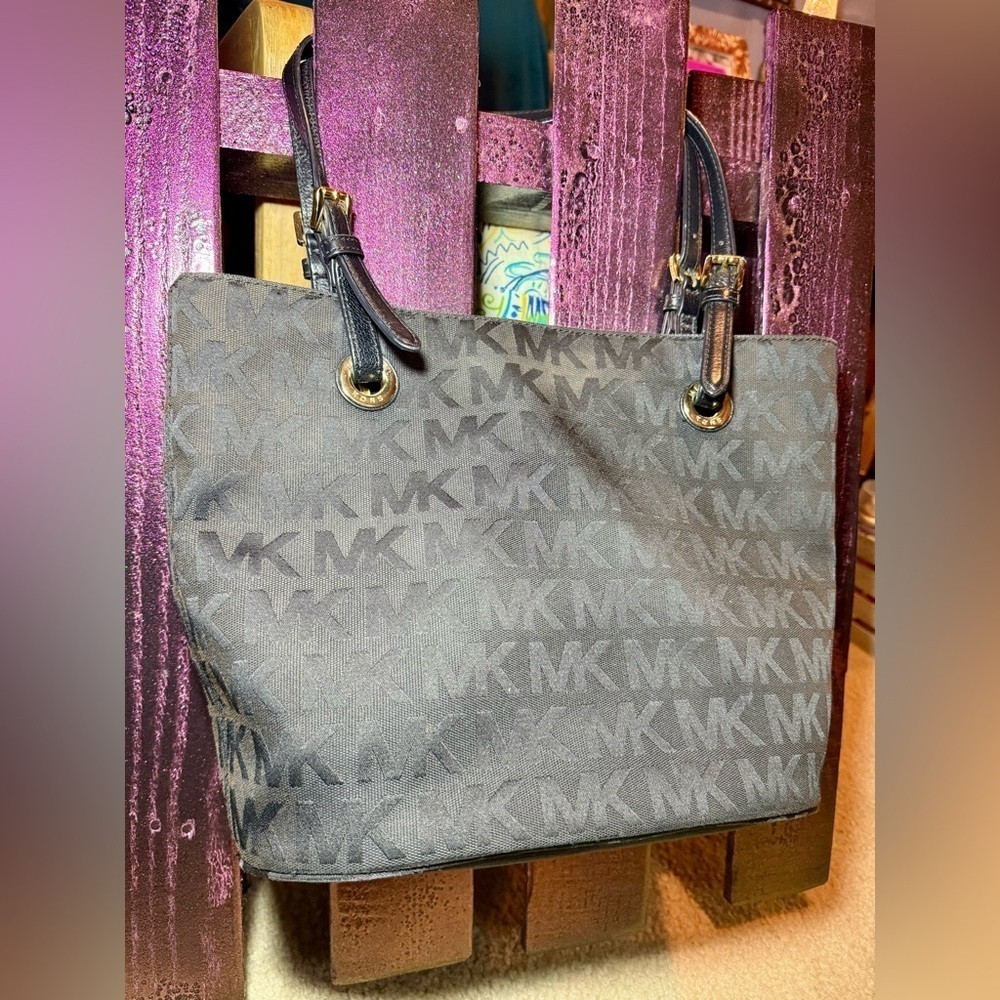 Michael Kors Black Monogram Tote with Gold Hardware - Picture 2 of 5